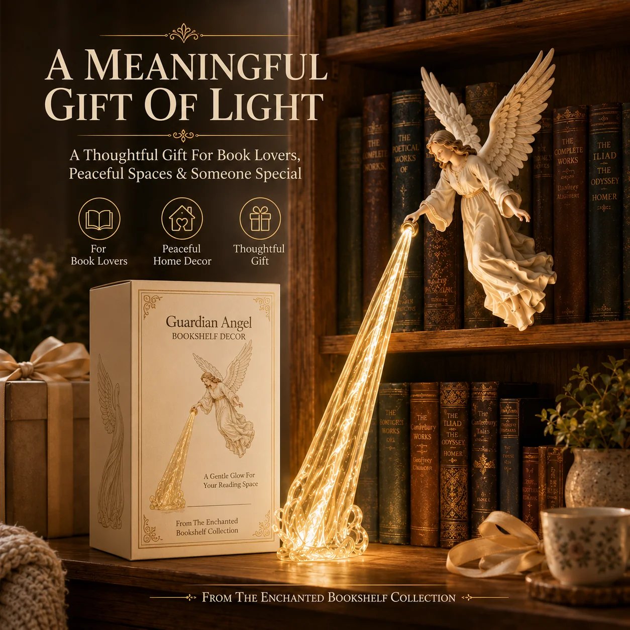 ποΈ Guardian Angel Bookshelf Light | Peaceful Angel Figurine with Warm Golden Beam for Reading Corners, Shelves & Meaningful Gifts β¨