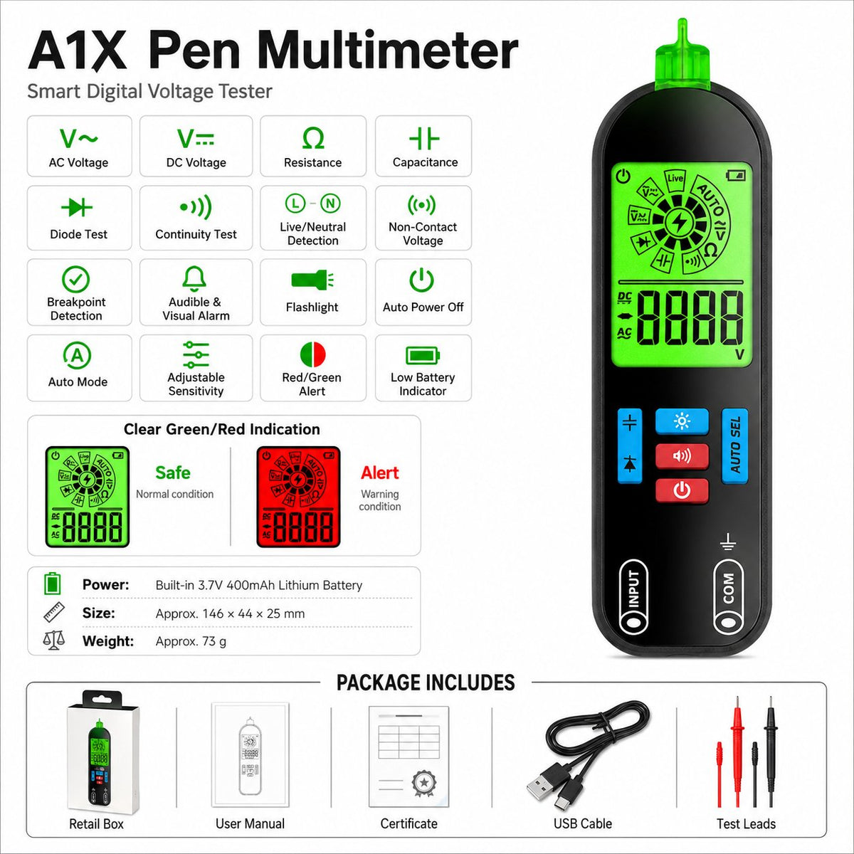 Smart Pen Multimeter with Auto Detection & Color Alerts