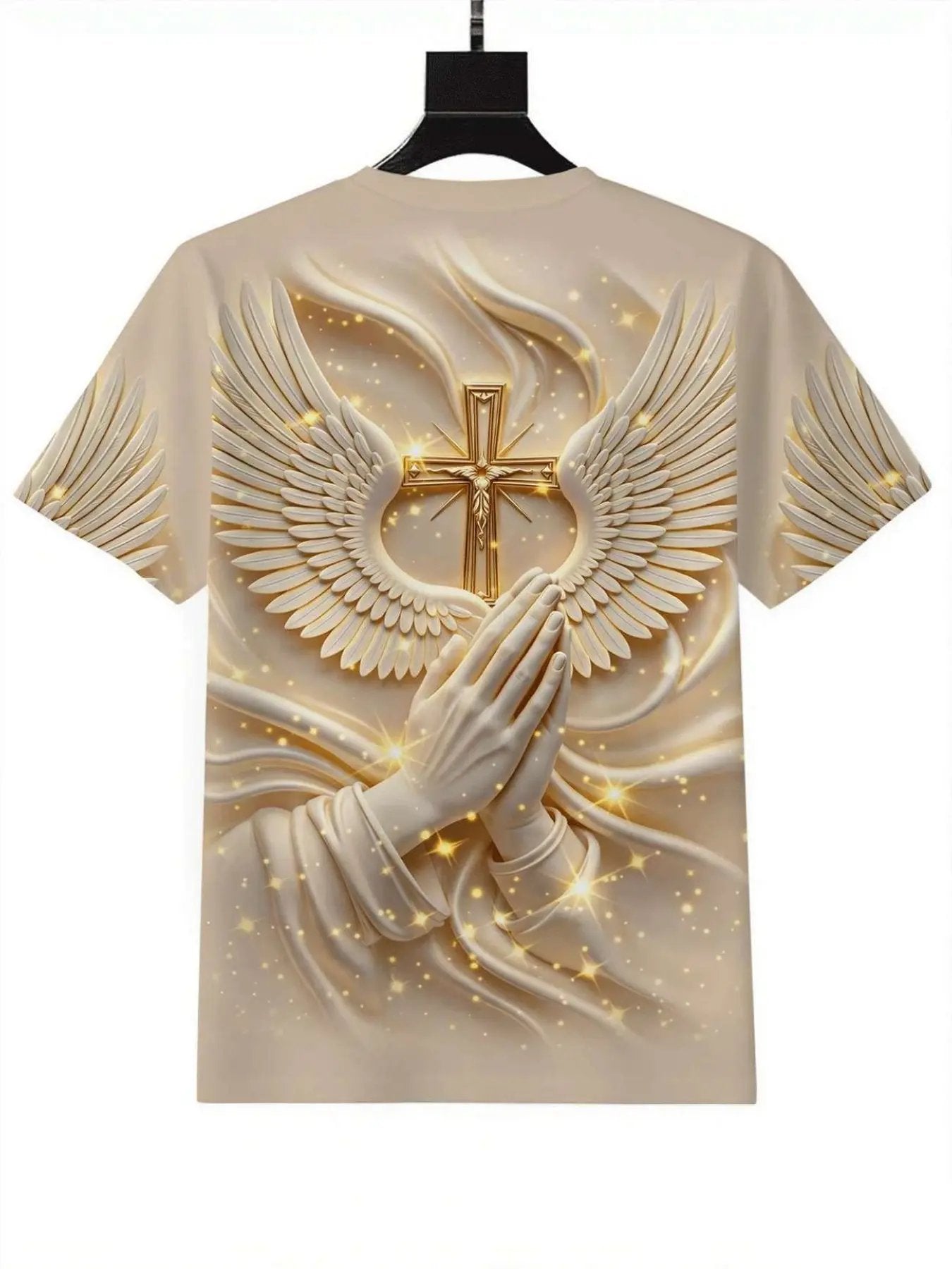 New Religious Prayer Hand Angel Wings Cross Print Men's Round Neck 3D High-Definition Short Sleeve