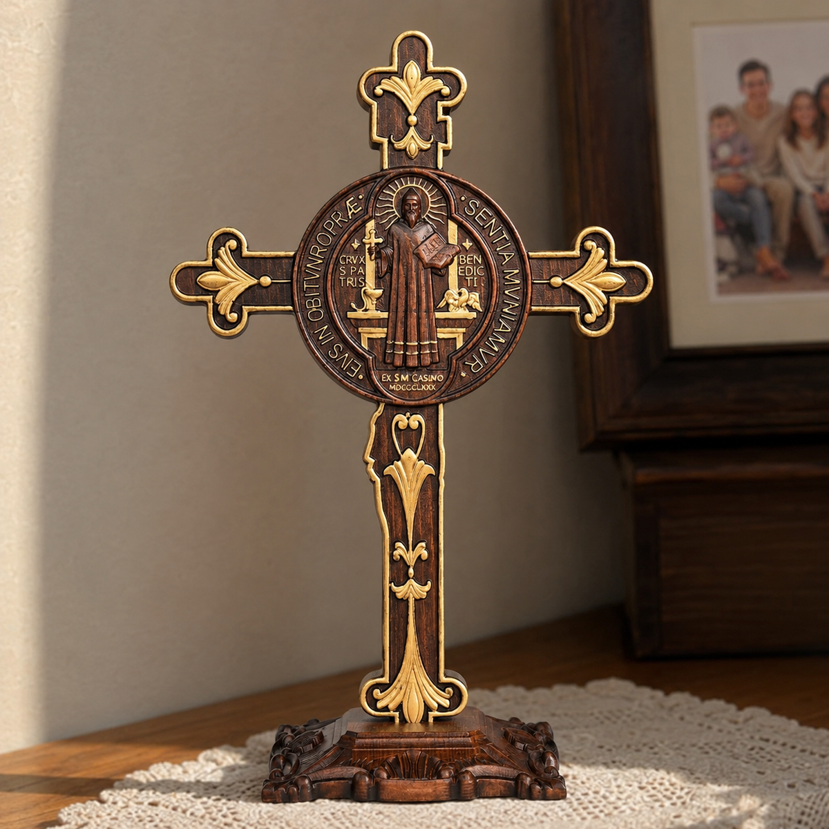 Hand-Carved Beechwood Saint Benedict Crucifix – Double-Sided Christian Standing Cross