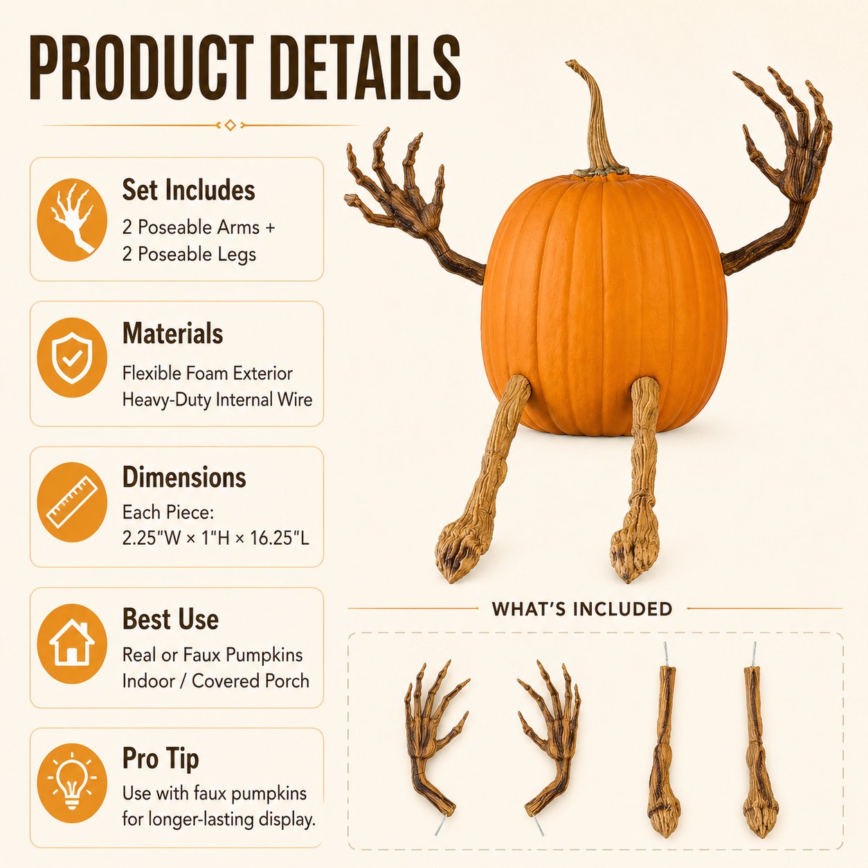🎃 Poseable Pumpkin Limbs Set, No-Carve Halloween Decorations