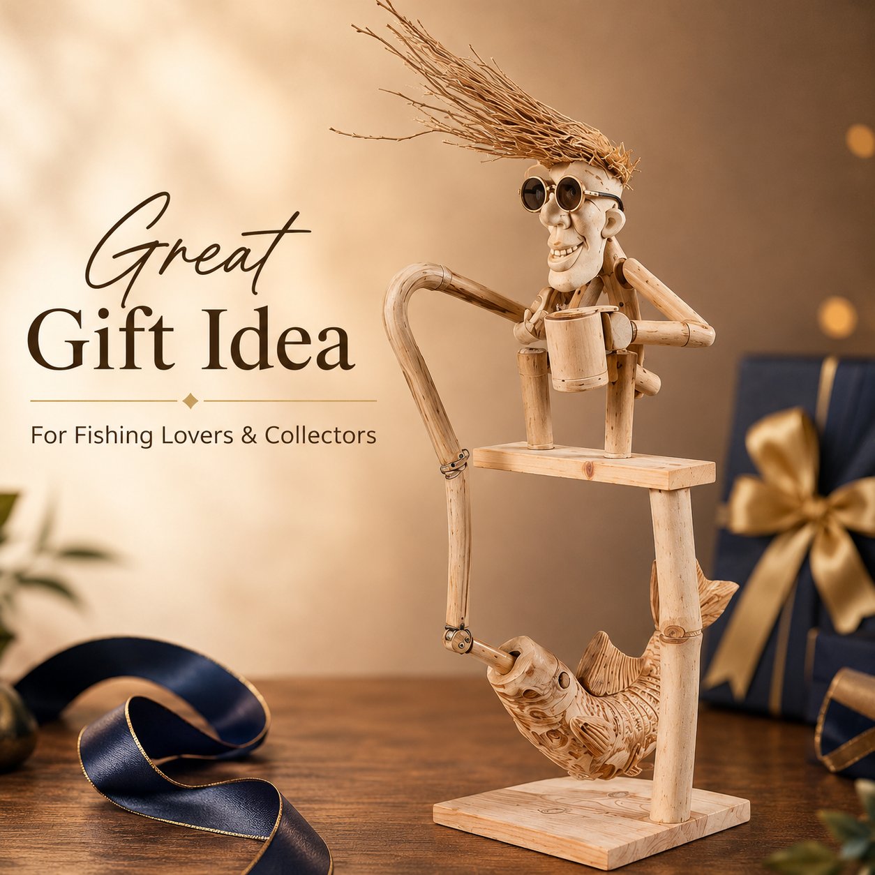 Handcrafted Wooden Ornament: Old Fisherman Angling