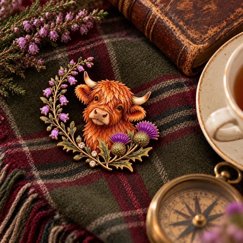 Highland Cow & Thistle ๐ด๓ ง๓ ข๓ ณ๓ ฃ๓ ด๓ ฟ Scottish Heritage Enamel Brooch