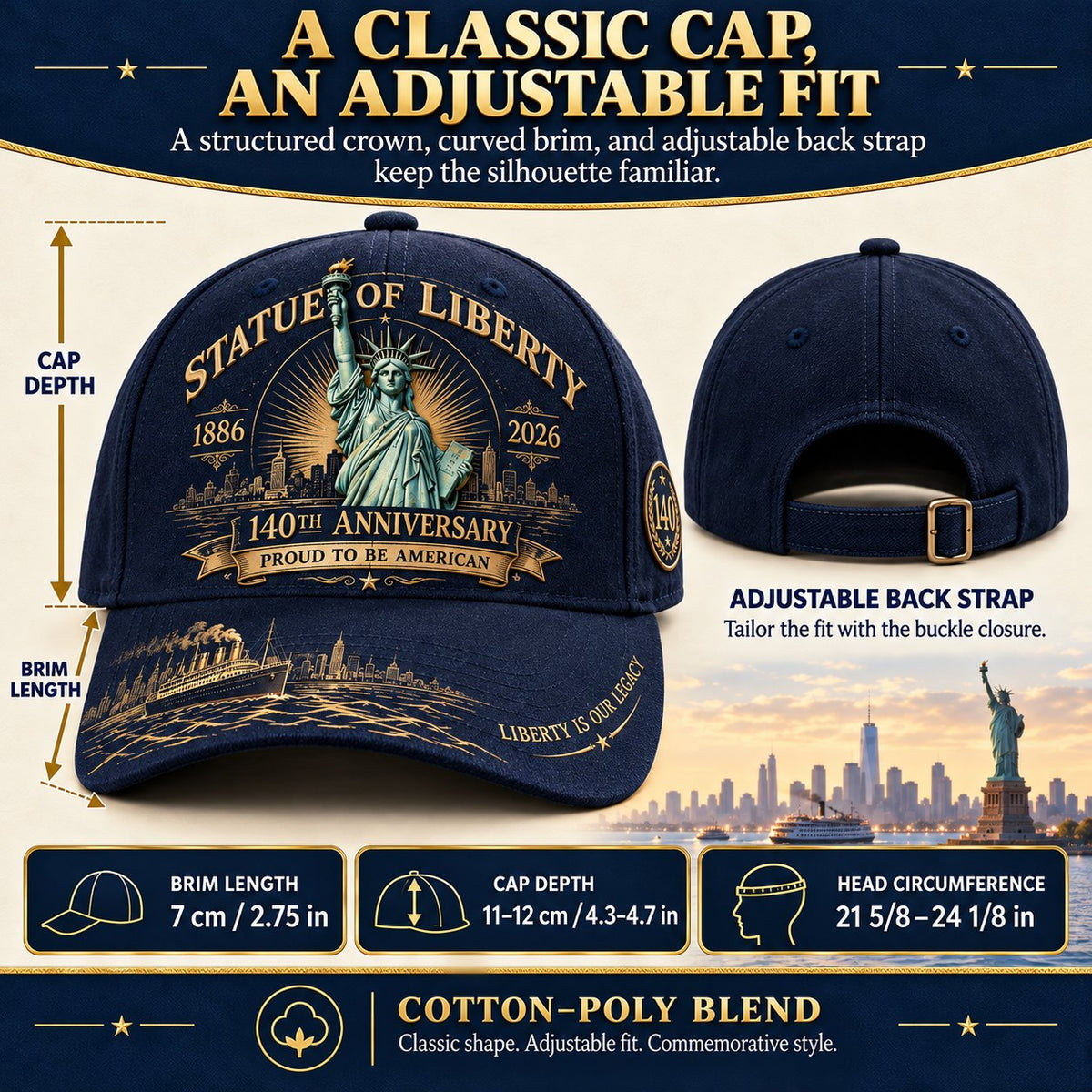 💝LAST DAY 49% OFF - 🗽 Statue of Liberty 140th Anniversary 1886–2026 – Premium Embroidered Heritage Cap | Cotton-Poly Blend • Detailed Embroidery • Adjustable Fit 🇺🇸