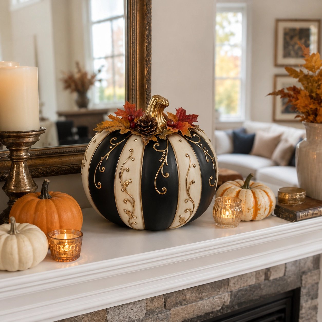 Lighted Black & Ivory Pumpkin Decor with Remote