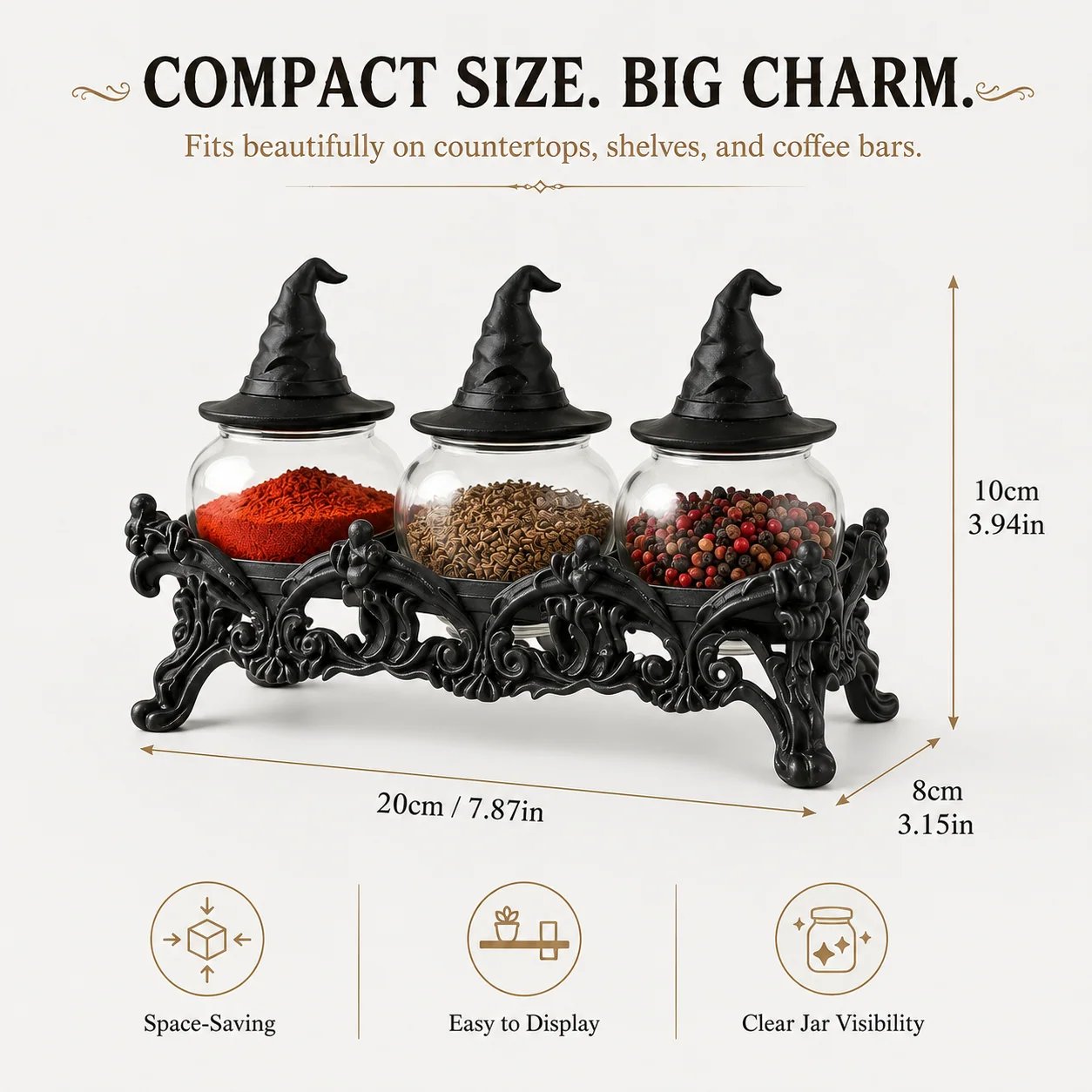 🧙♀️Witch-Hat Gothic Spice Jar Set — Ornate Resin Rack + 3 Glass Jars