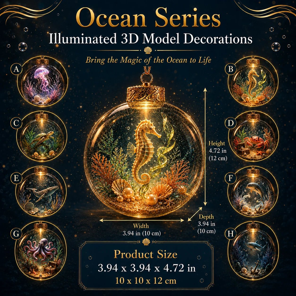 🌊 Ocean Series Illuminated 3D Model Decoration Collection | Clear Display Ornament with Detailed Sea Creatures, Coral, Shell & Pearl-Style Accents ✨