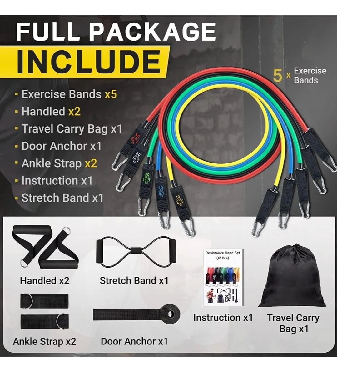 🏋️♂️ 11-Piece Fitness Resistance Bands Kit – For Strength, Weight Loss & Home Training