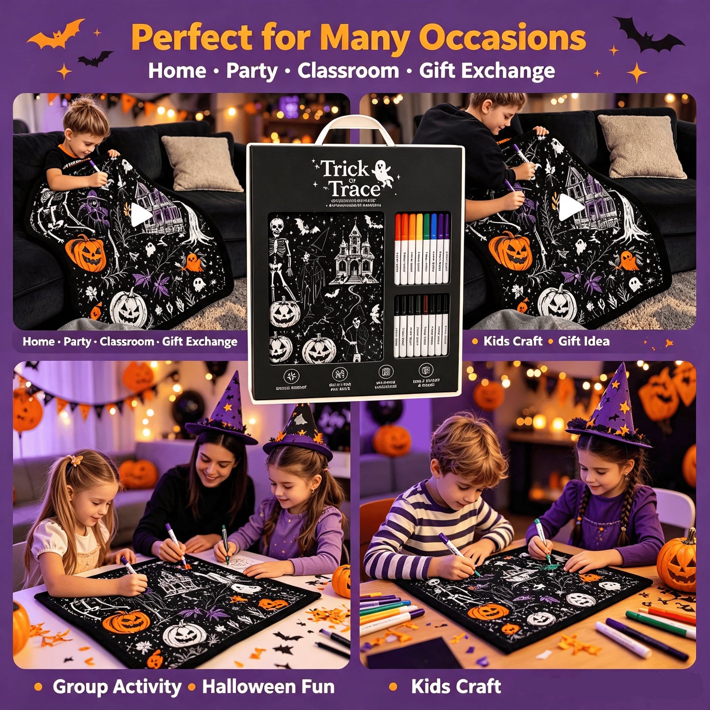 Halloween Trick or Trace Coloring Blanket Set with 24 Permanent Markers