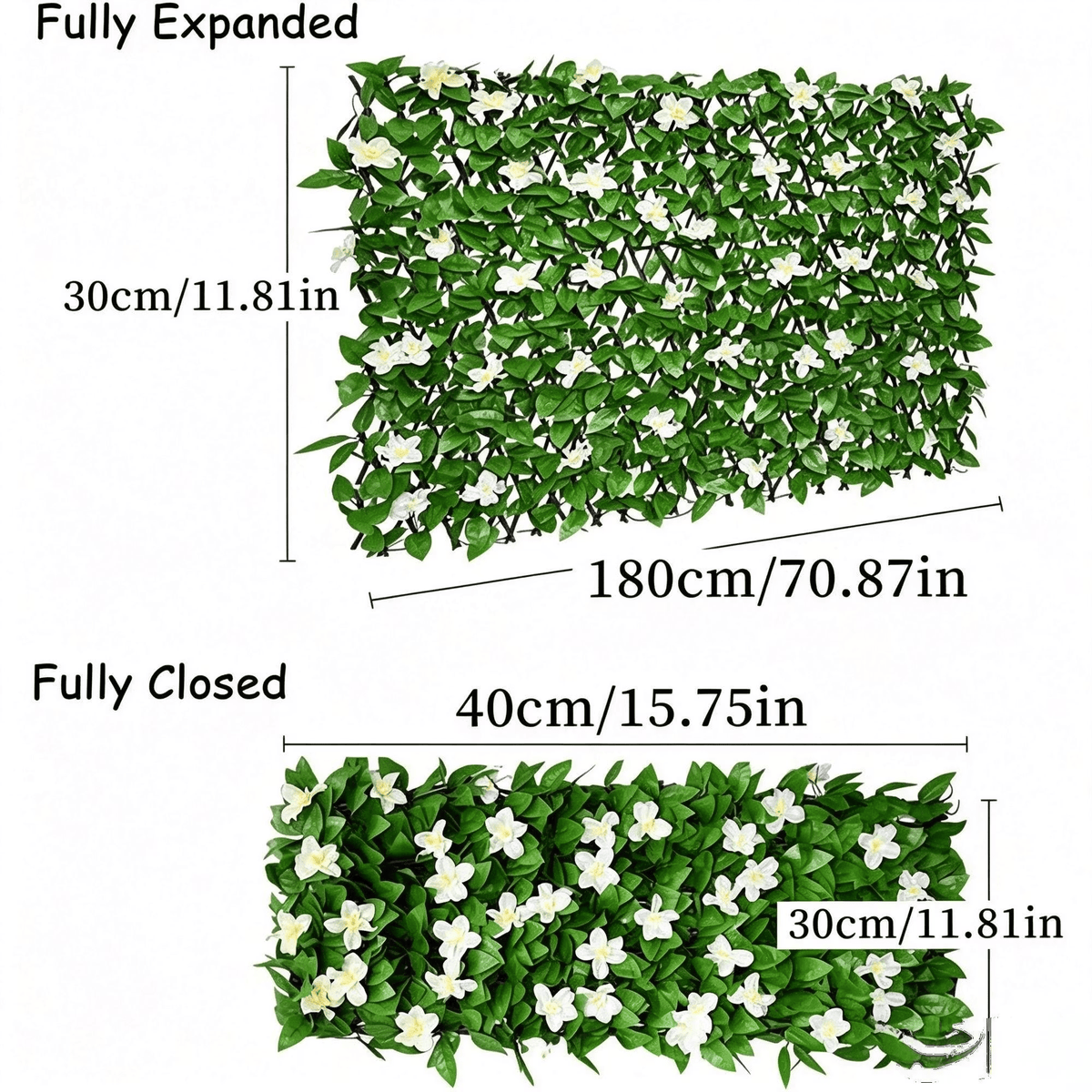 📍Extendable Simulation Rattan Fence with White Flowers Decorating Green Leaves, Stretchable Folding Design, Privacy Shielding Courtyard Balcony Walls, Artificial Green Plants