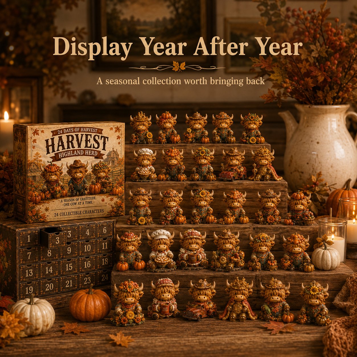 🍂 24-Day Highland Cow Harvest Countdown Calendar Blind Box – 24 Collectible Fall Figurines🐮🎃