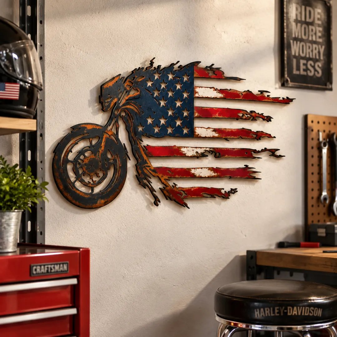 Patriotic Motorcycle American Flag Metal Wall Art (đŚBuy 2 Free Shipping)
