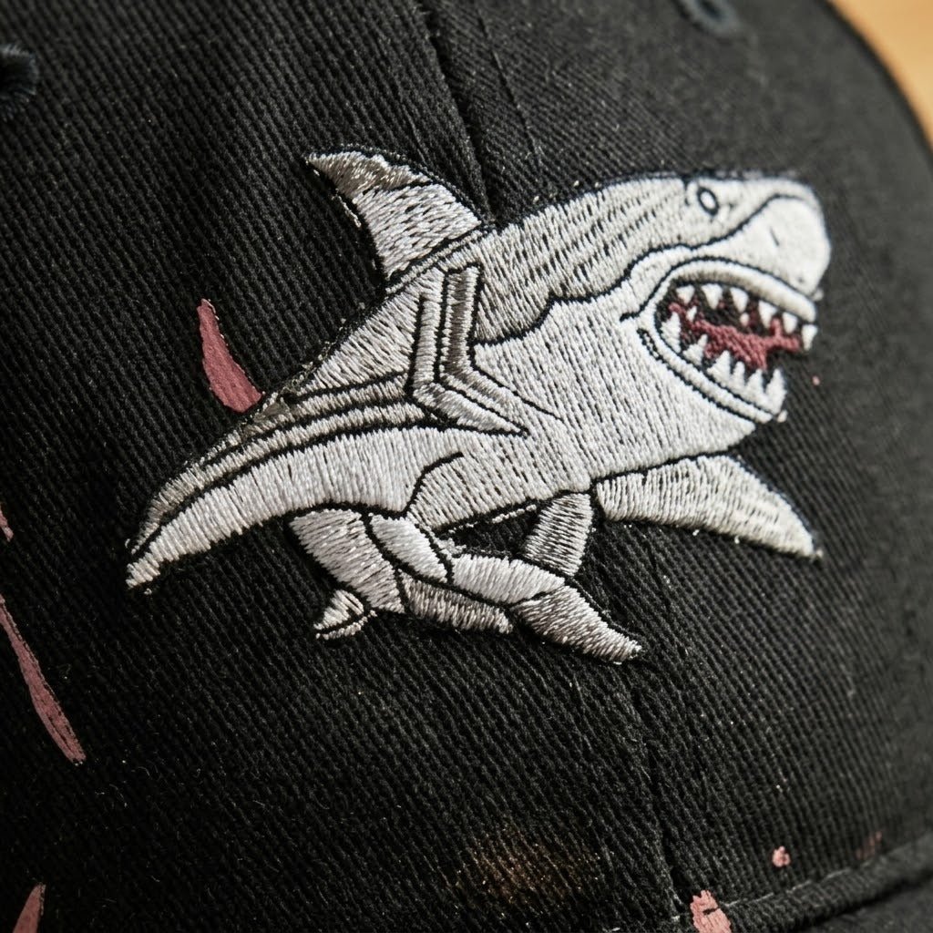 🦈 Shark Bite Baseball Cap | Embroidered Shark • Bite-Shaped Frayed Brim