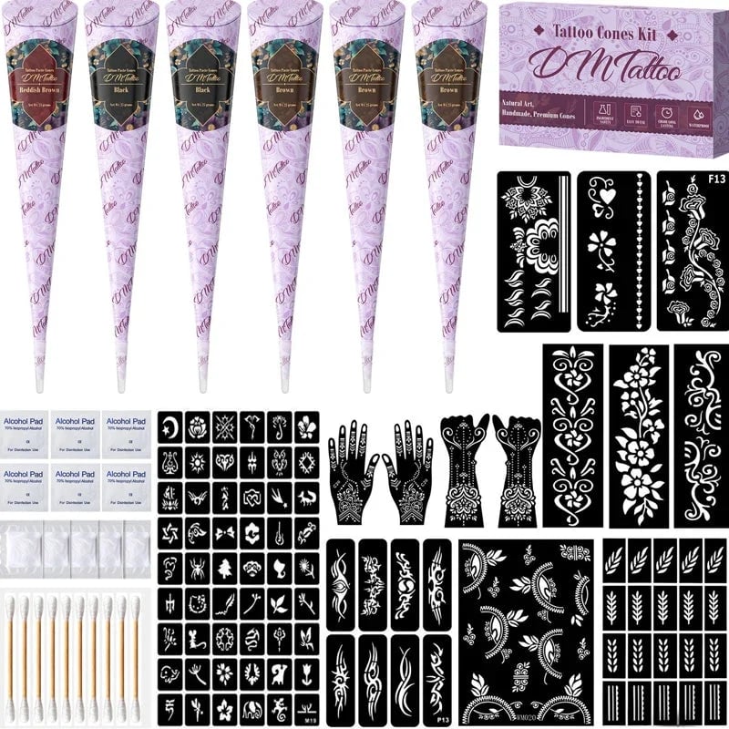 🌸 Henna Tattoo Kit with Stencils – Temporary Body Art Cones for Hands & Creative Designs ✨