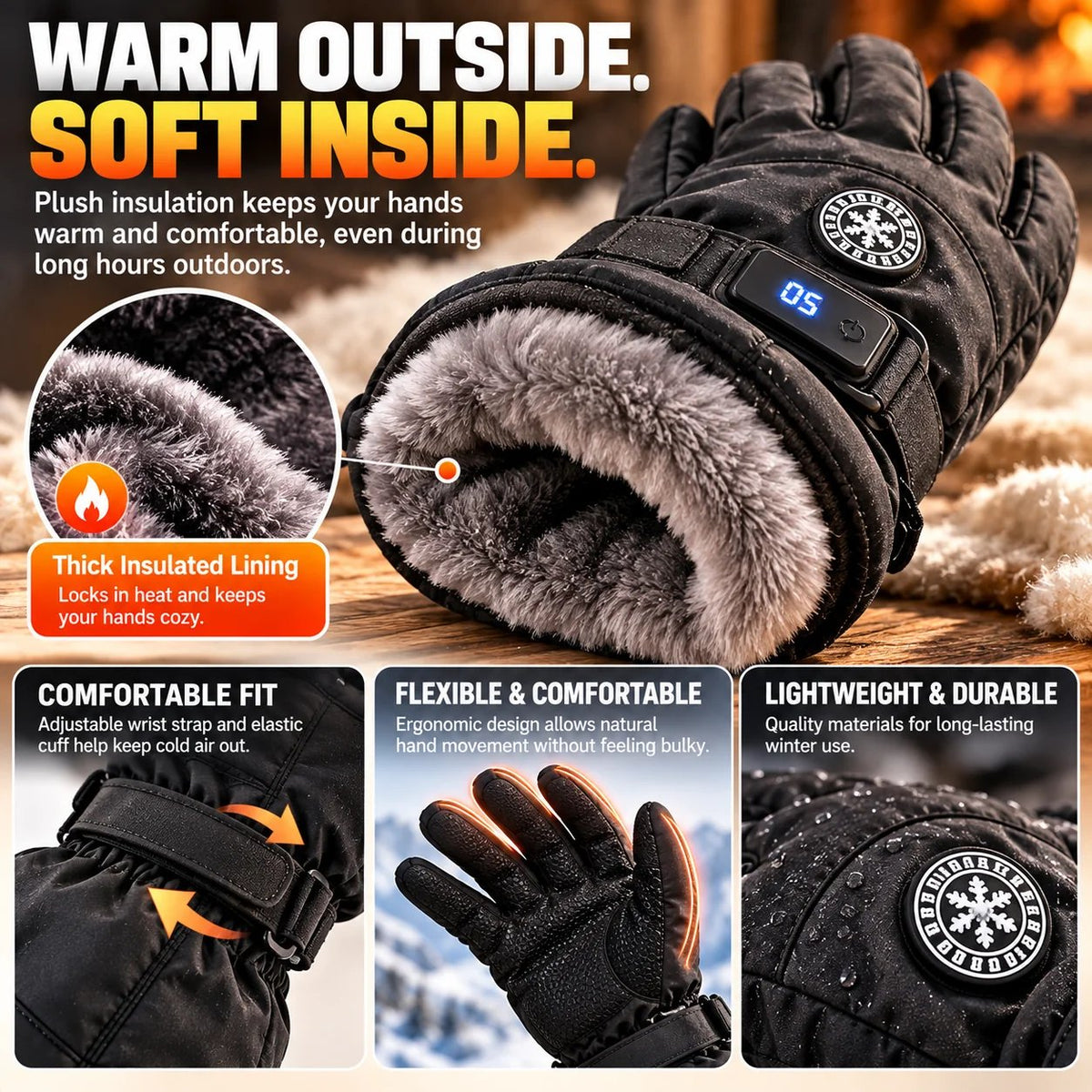 π₯ Rechargeable Heated Gloves β 3 Heat Settings, Waterproof Touchscreen Winter Gloves
