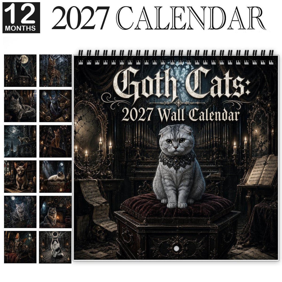 πββ¬2027 Gothic Cat Wall Calendar β Dark & Mystical Cat Art Calendar for Home Decor & Cat Lovers