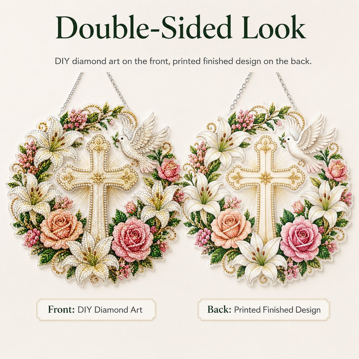 ✝️💐Cross, Flowers & Peace Dove Diamond Art Hanging Ornament kit