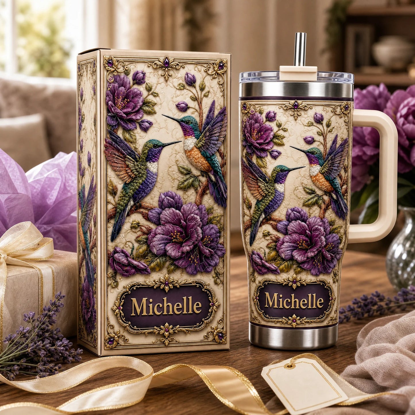 Personalized Hummingbird & Purple Flower Tumbler