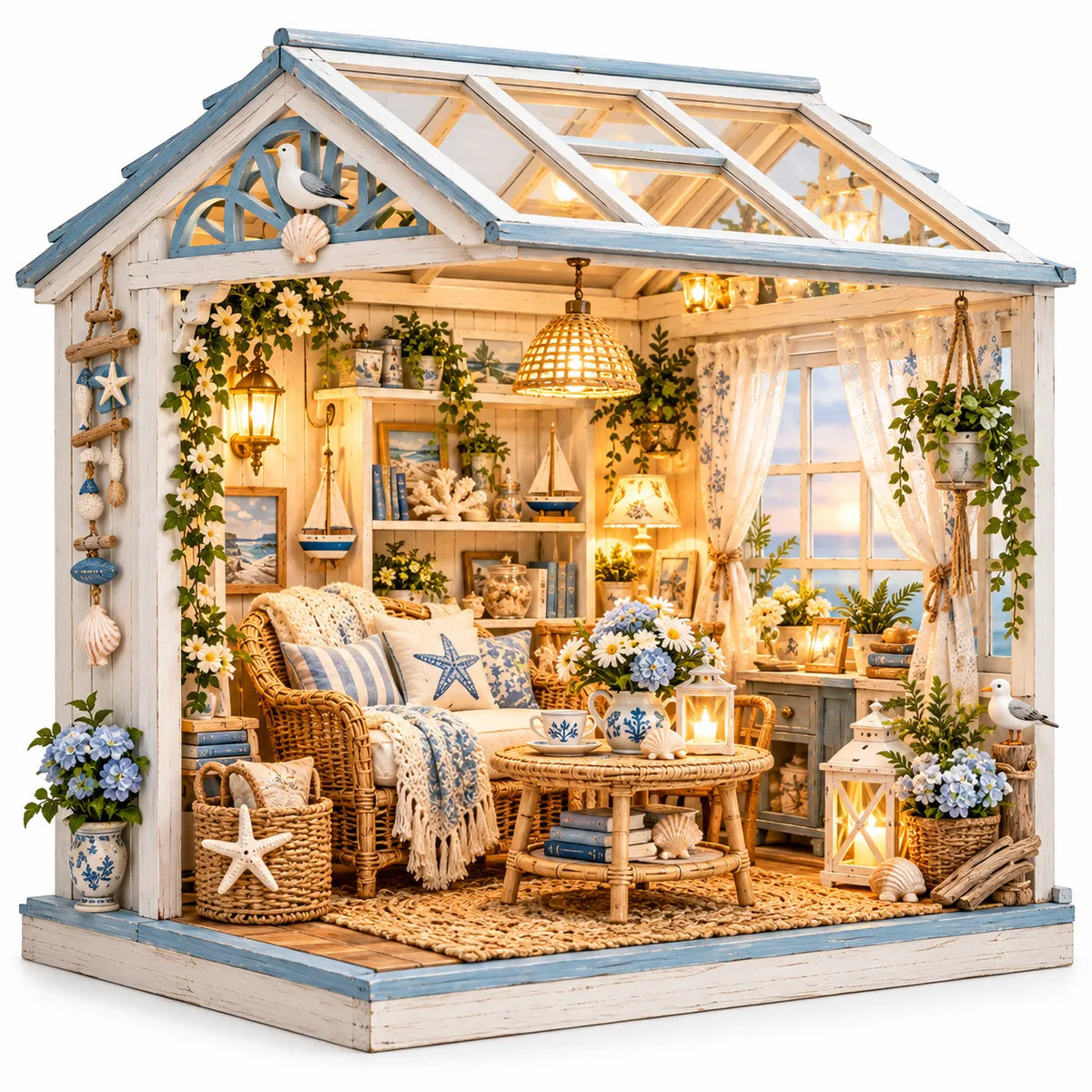 ๐ DIY Coastal Sunroom Miniature Kit | Warm LED Glow | Cozy Coastal Grandma Home Decor ๐