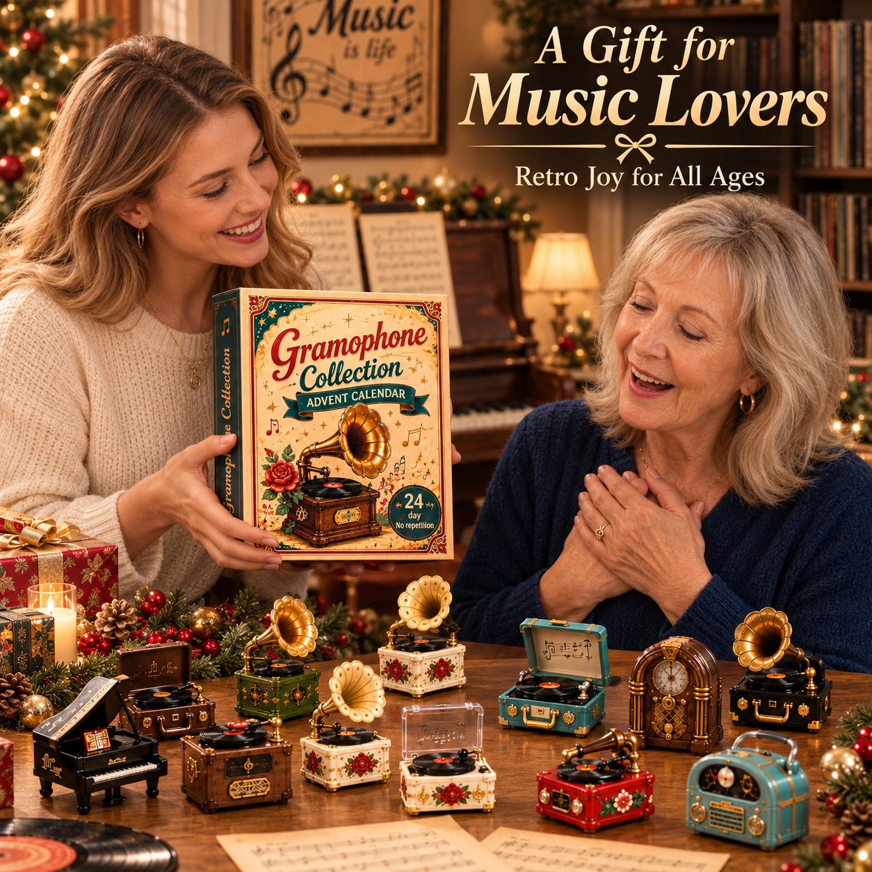 📻Gramophone Collection Advent Calendar 2027 – 24 Vintage Record Player & Music Miniatures, Retro Collectible Gift for Music Lovers