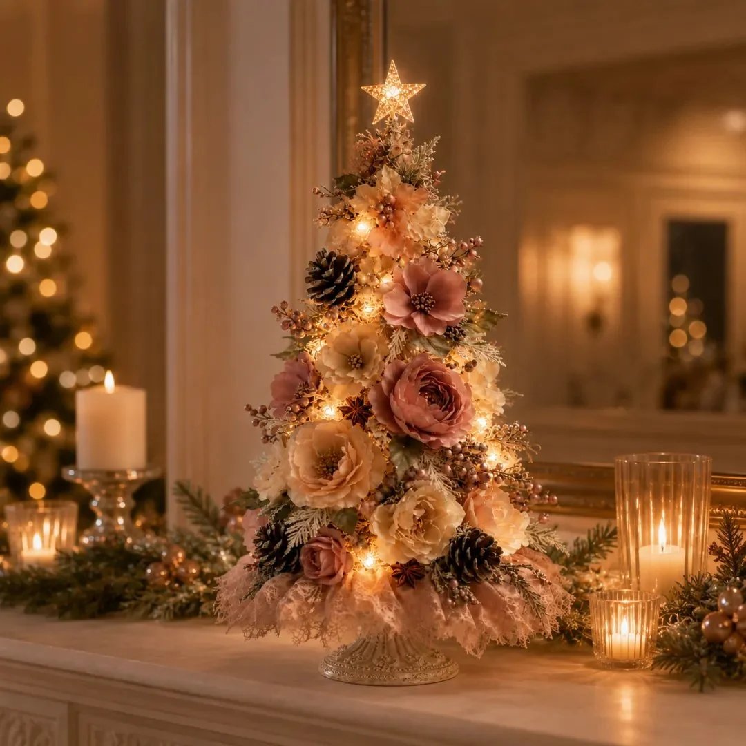 🌸🎄Blush Bloom Pre-Lit Floral Christmas Tree