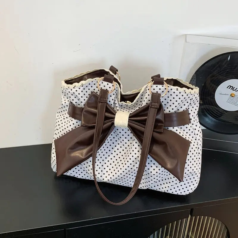 π Women's Casual Shoulder Tote β Polka Dot Print, Big Bow Detail, Large Capacity for Gym & Outdoors