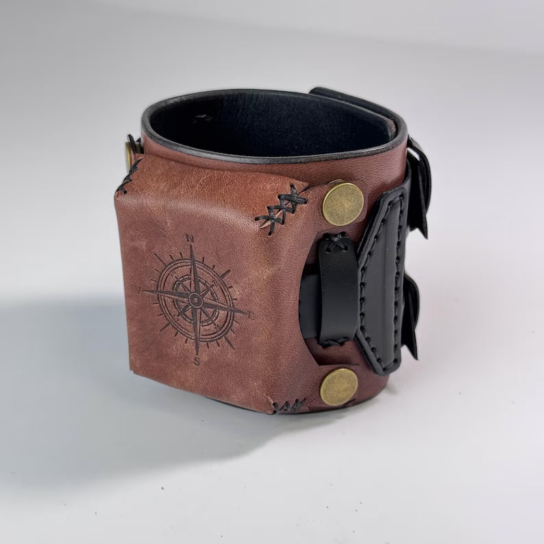 Leather Cuff Watch Strap with Personalized Flap, Brown Wide Handmade Watch Band for Apple