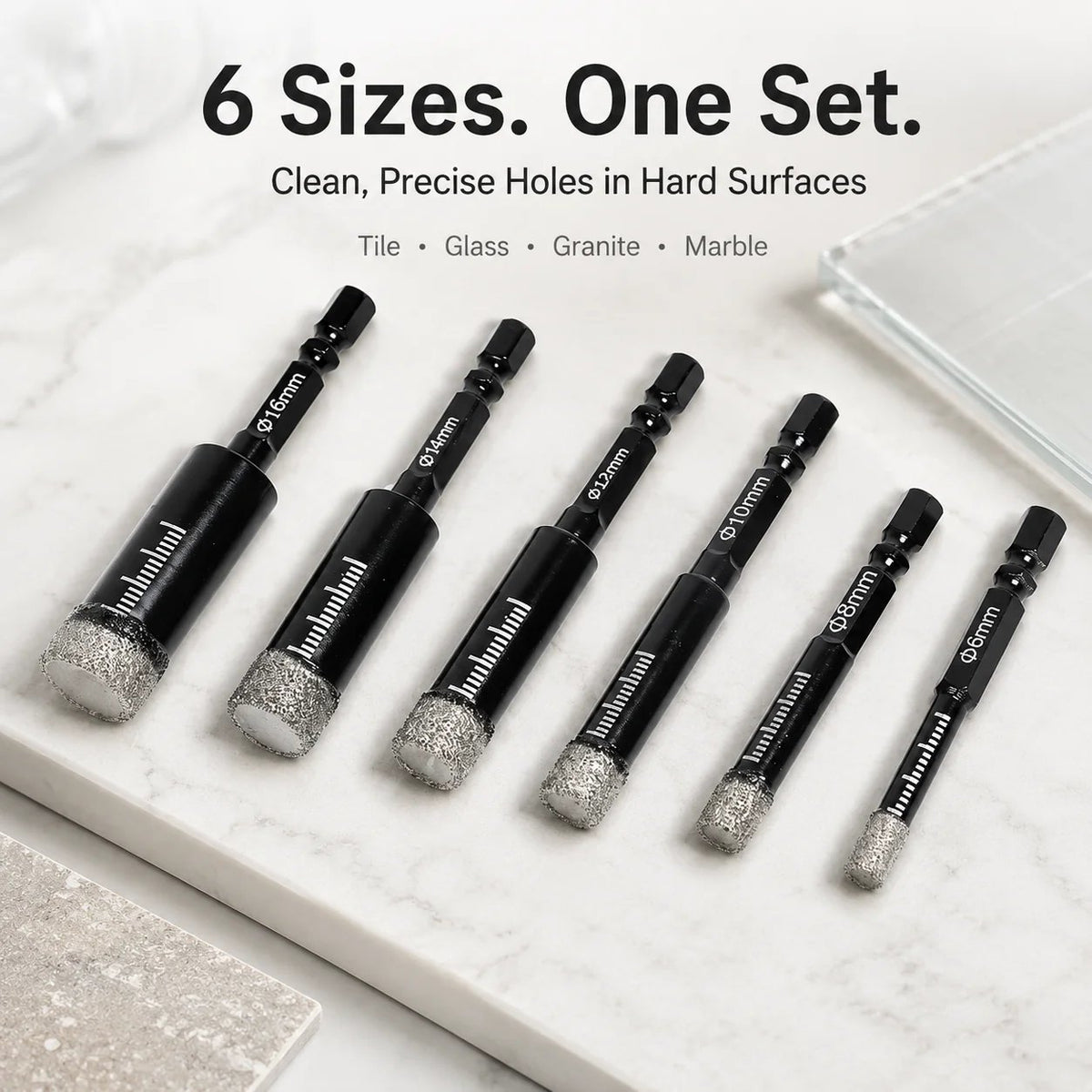 🔥⚡️6 Pcs Diamond Drill Bits Set, 1/4 5/6 3/8 1/2 Inch Brazed Diamond Drill Bits for Precision Drilling in Tile Ceramic Glass Granite Marble Masonry