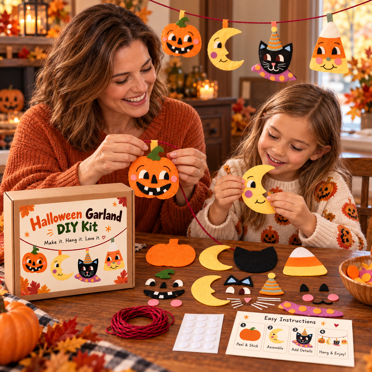 πΊπΈ π Halloween Garland DIY Kit β Cute Felt Craft with Pumpkin, Moon, Black Cat & Candy Corn πββ¬π