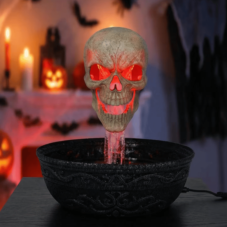 💀14" Bleeding Skull Fountain | Flowing Blood + Red LED Glowing Eyes 🏚️ Haunted House Halloween Party Decor Prop