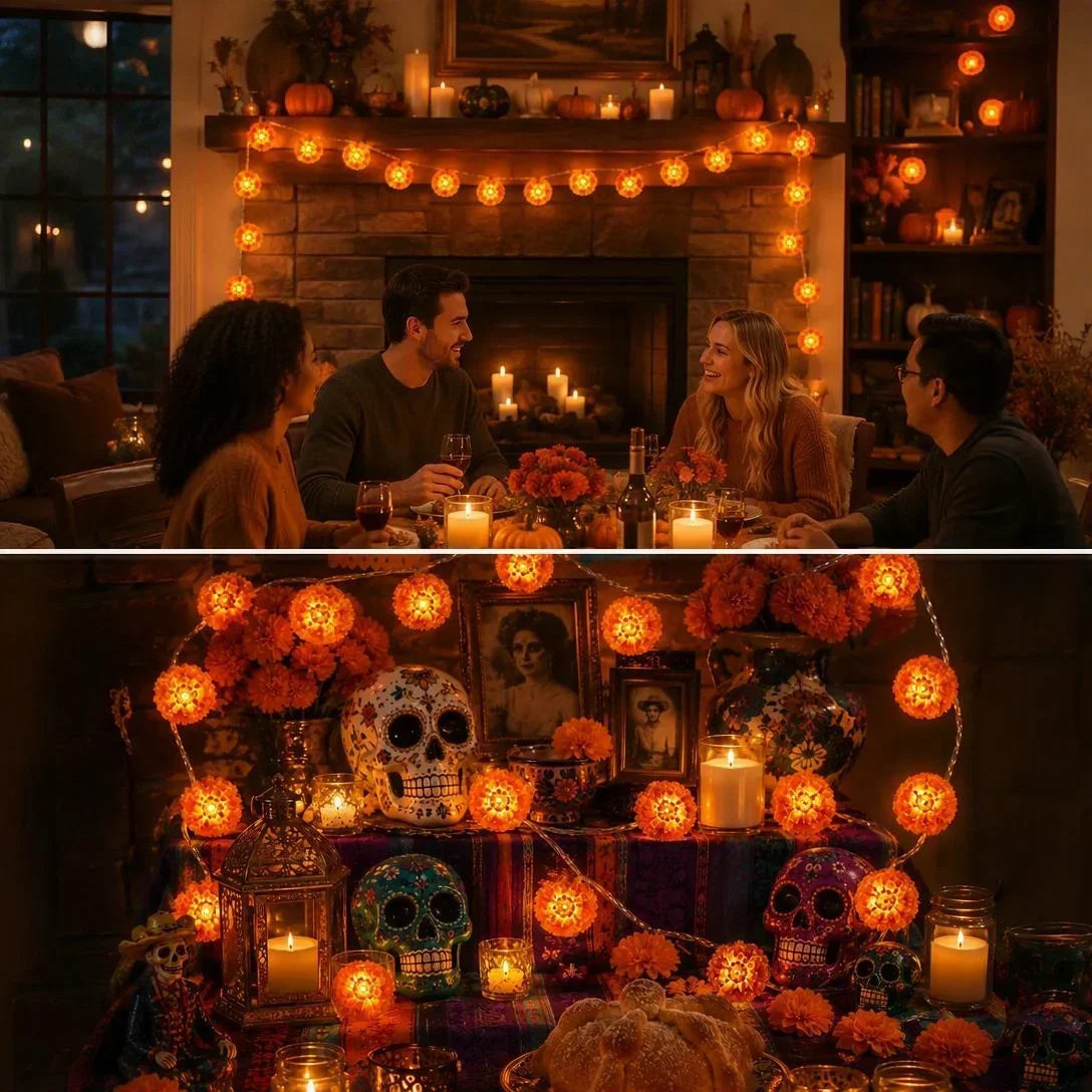 🎁Marigold LED Memorial String Lights – 20 Glowing Flowers for Ofrendas & Remembrance