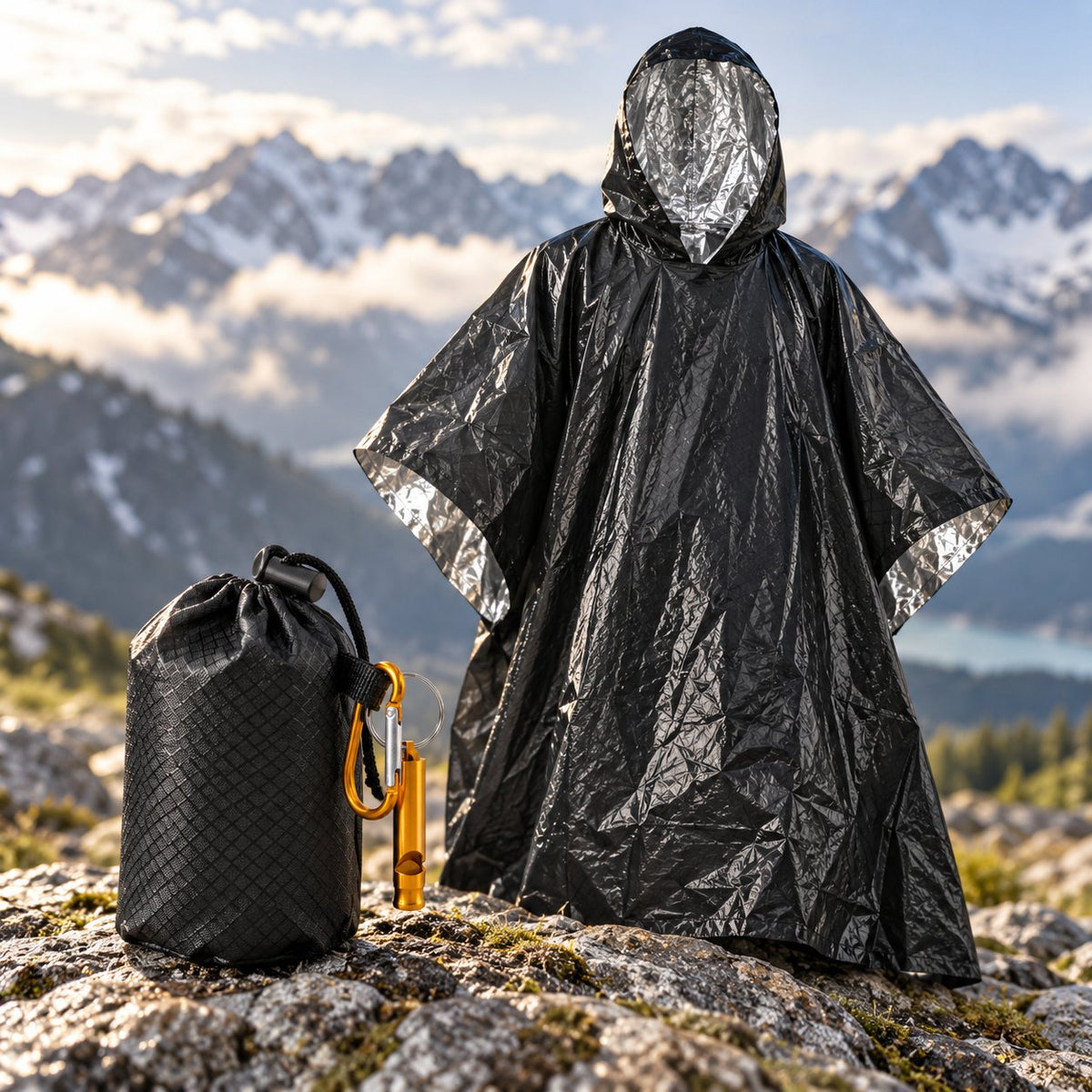 Emergency Rain Poncho Set with Storage Pouch, Aluminum Whistle & Carabiner