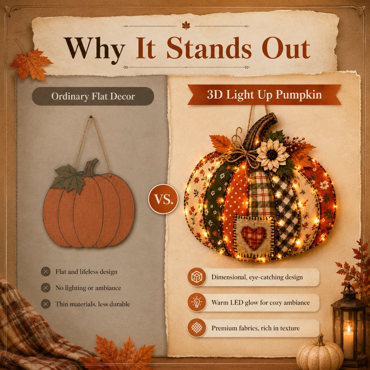 π 3D Light Up Pumpkin Hanging Decoration β Rustic Farmhouse Fall Door & Wall Decor