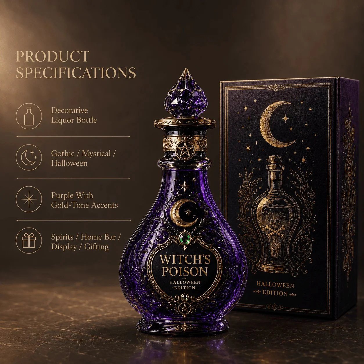 🔮 Witch-Inspired Mystical Crescent Moon Liquor Bottle
