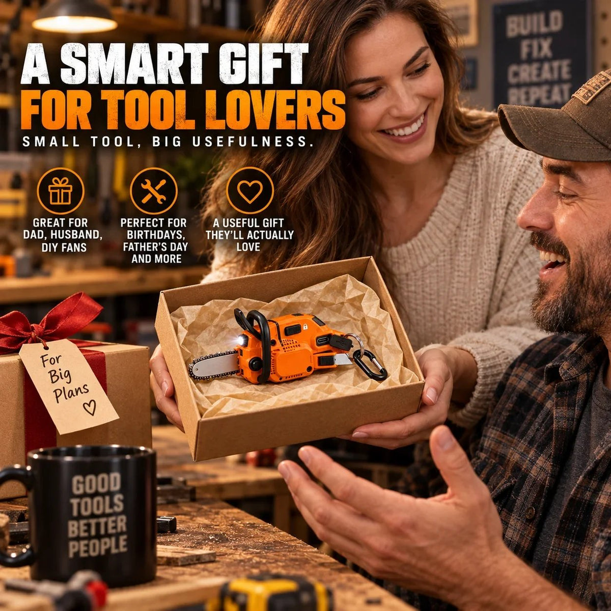 ๐ช Mini Chainsaw Keychain Multi-Tool โ Rechargeable LED Flashlight & Retractable Utility Cutter
