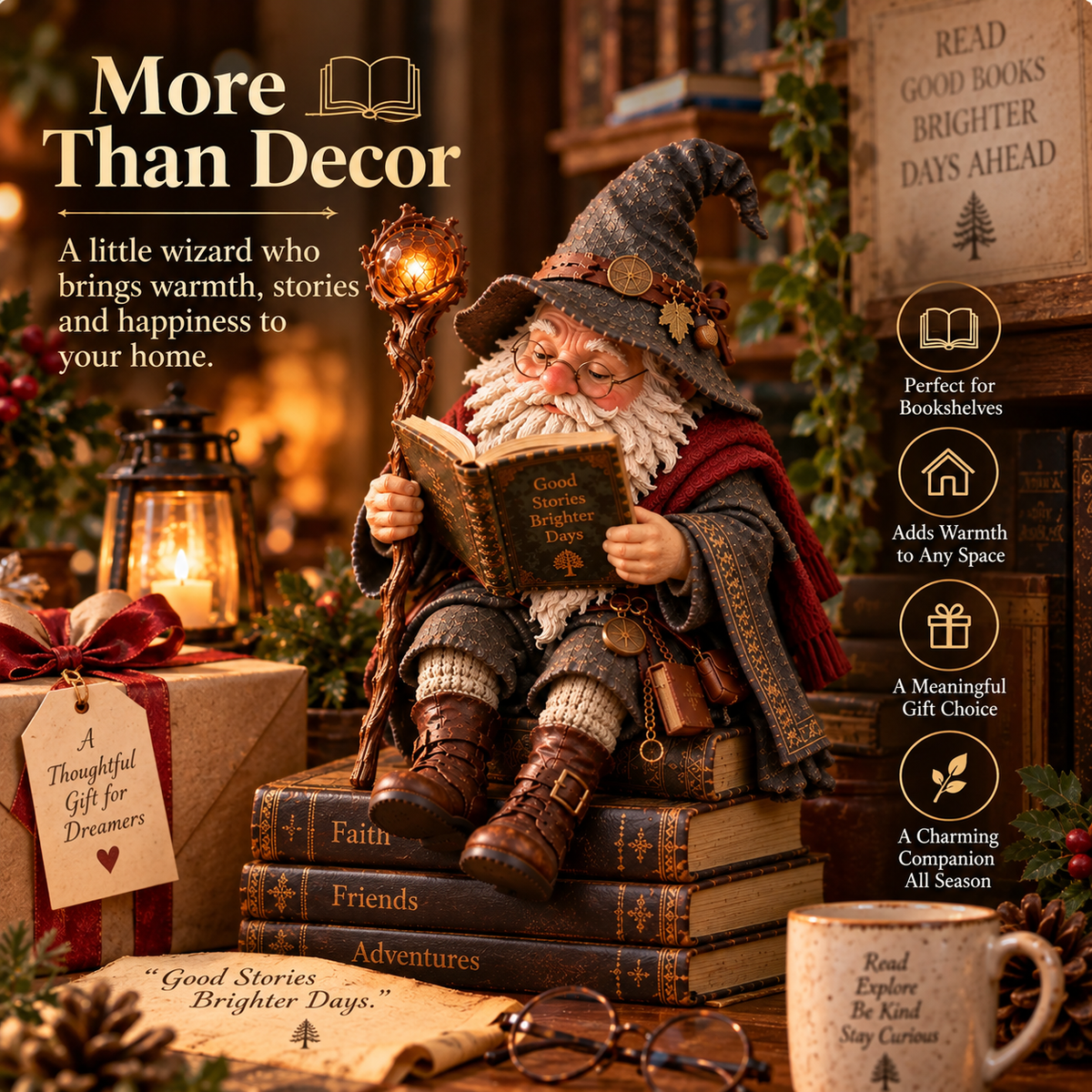 🔥LAST DAY 50% OFF🧙♂️ The Wandering Scholar Gnome – Enchanted Reading Wizard Figurine
