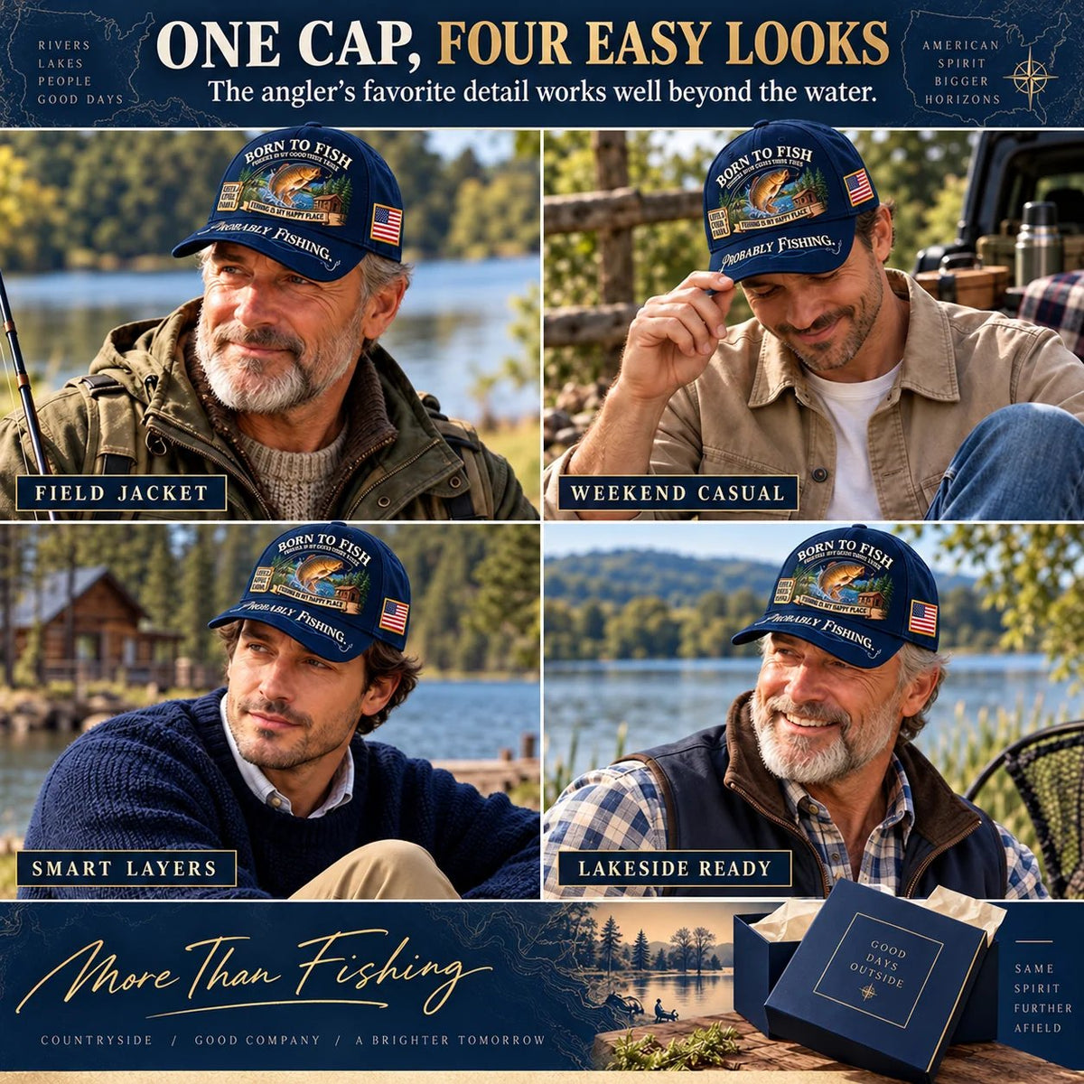 🎣 Born To Fish “Probably Fishing” USA Angler Tribute Cap | Cotton-Poly Blend • Detailed Embroidery • Adjustable Fit