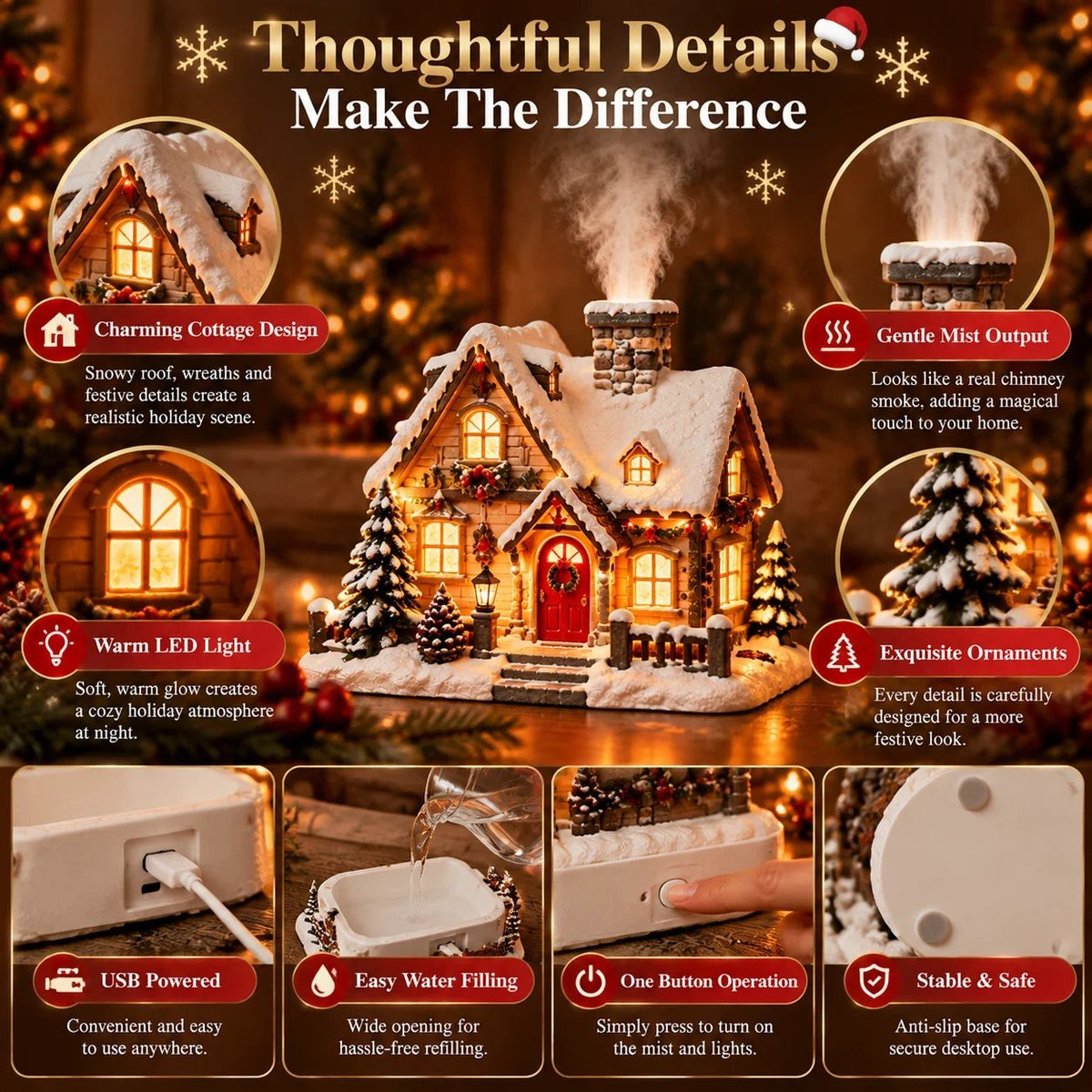 ❄️🎄 Christmas Cottage Humidifier – Glowing Snow Village with Soft Mist & Warm Lights ✨🎁