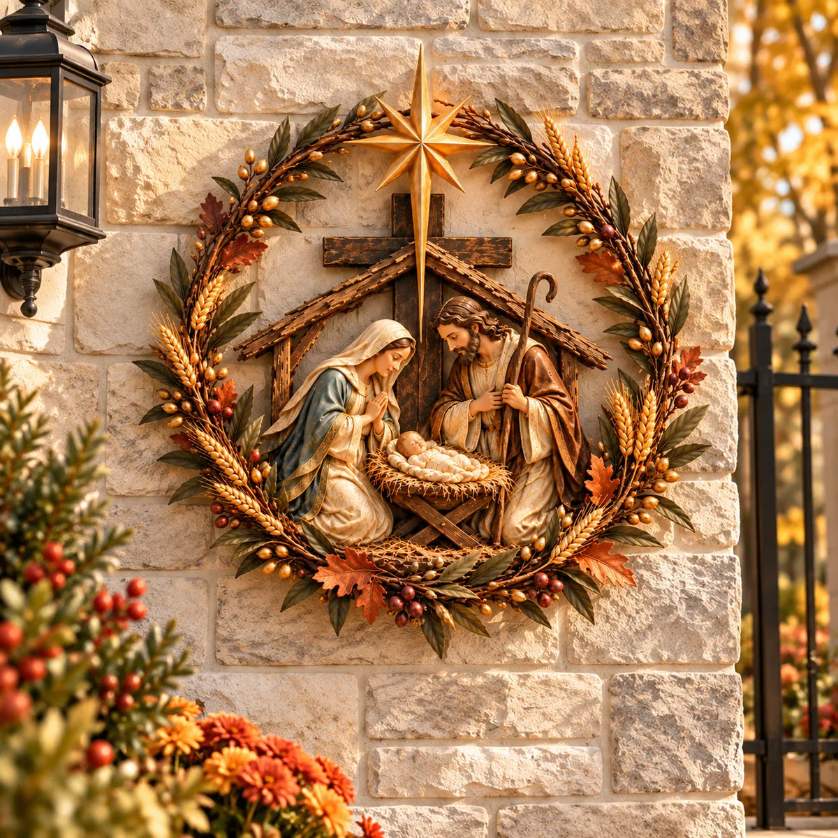 โ๏ธ๐ Autumn Nativity Cross Metal Wall Decor โ Rustic Holy Family Harvest Wreath