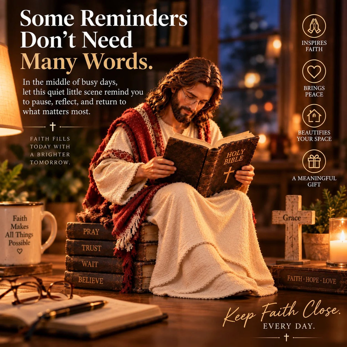 ✝️ Keep Faith Close – Jesus Reading the Bible Figurine
