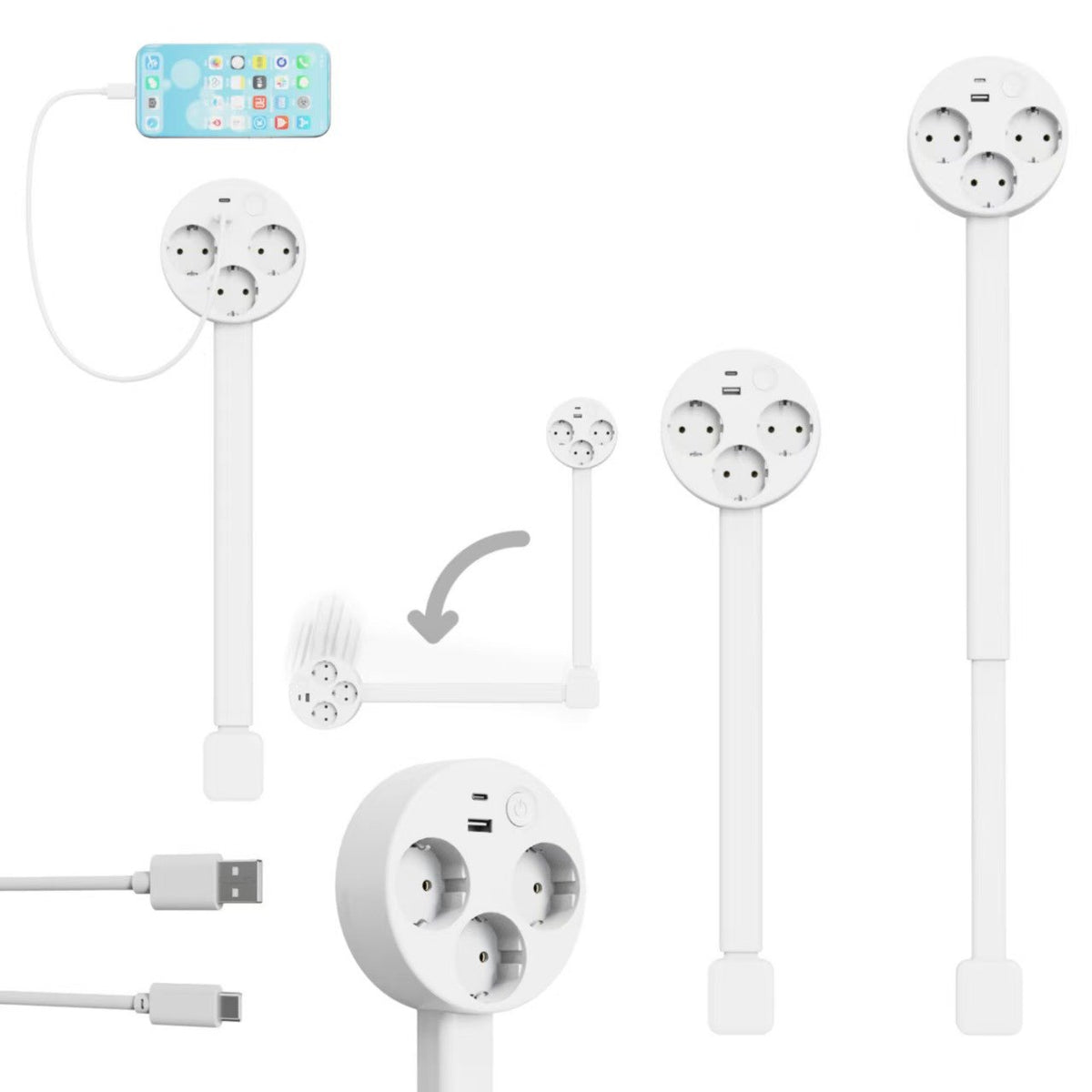 Flexible Outlet Extender with USB-C and USB-A, Rotating Plug, Power Adapter for Behind Furniture Access