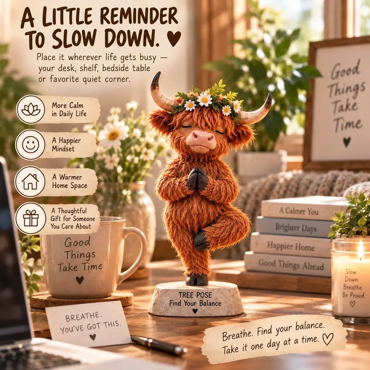 🧘 Find Your Balance – Highland Cow Yoga Figurine