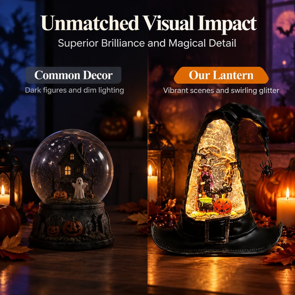 Halloween Witch Hat Lighted Water Lantern with Glitter Swirl and Festive LED Glow