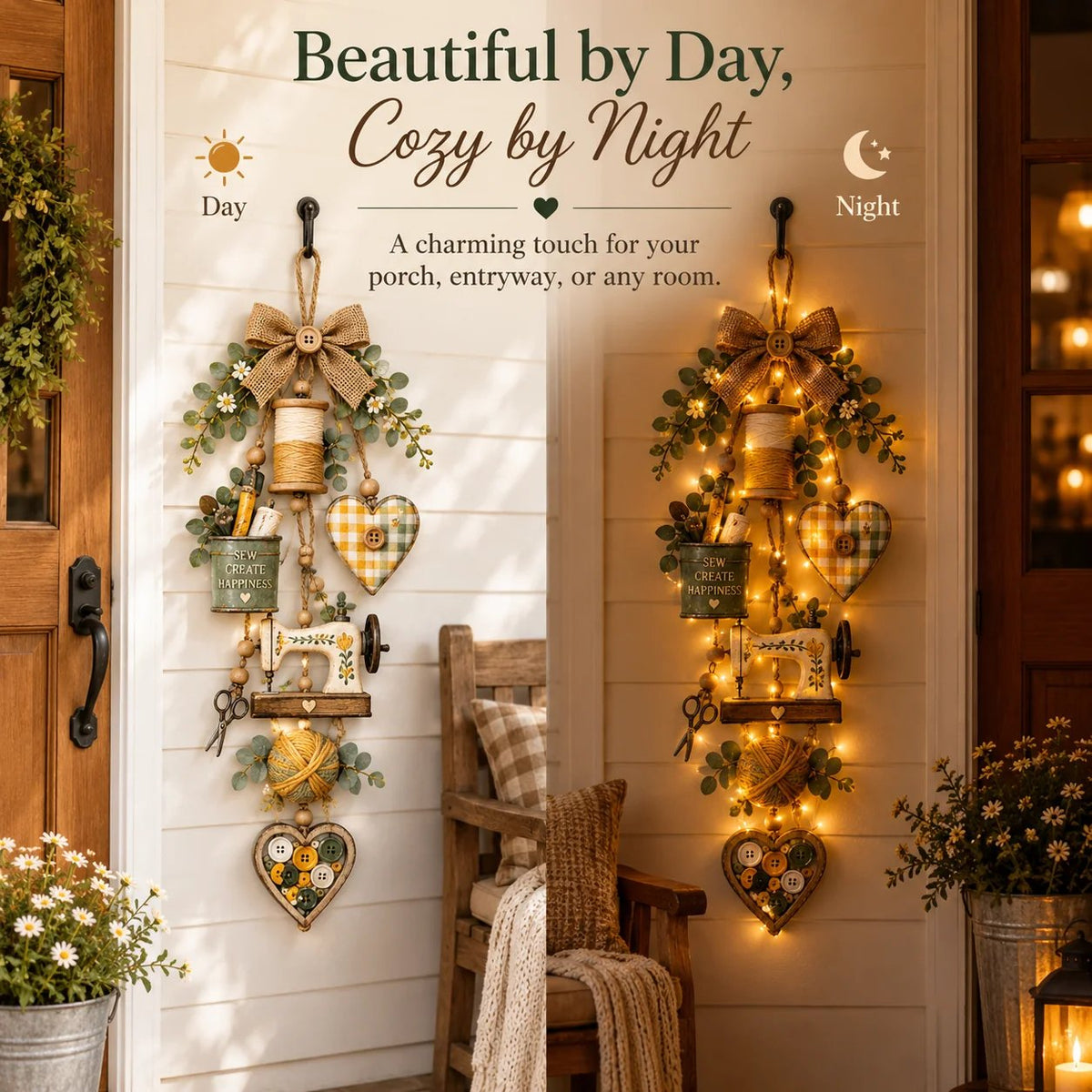 π₯π§΅β¨ Rustic Wooden Sewing - Themed Hanging Ornament with Remote Control Fairy Lights