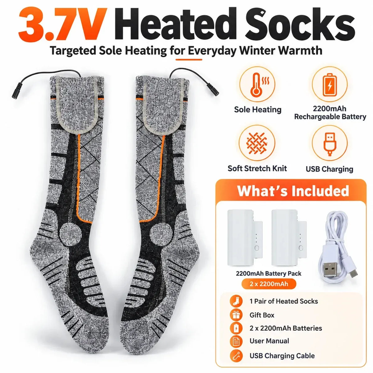 π₯ Rechargeable Heated Socks | 3 Heat Levels with Targeted Sole Warmth & 2 Γ 2200mAh Batteries βοΈ