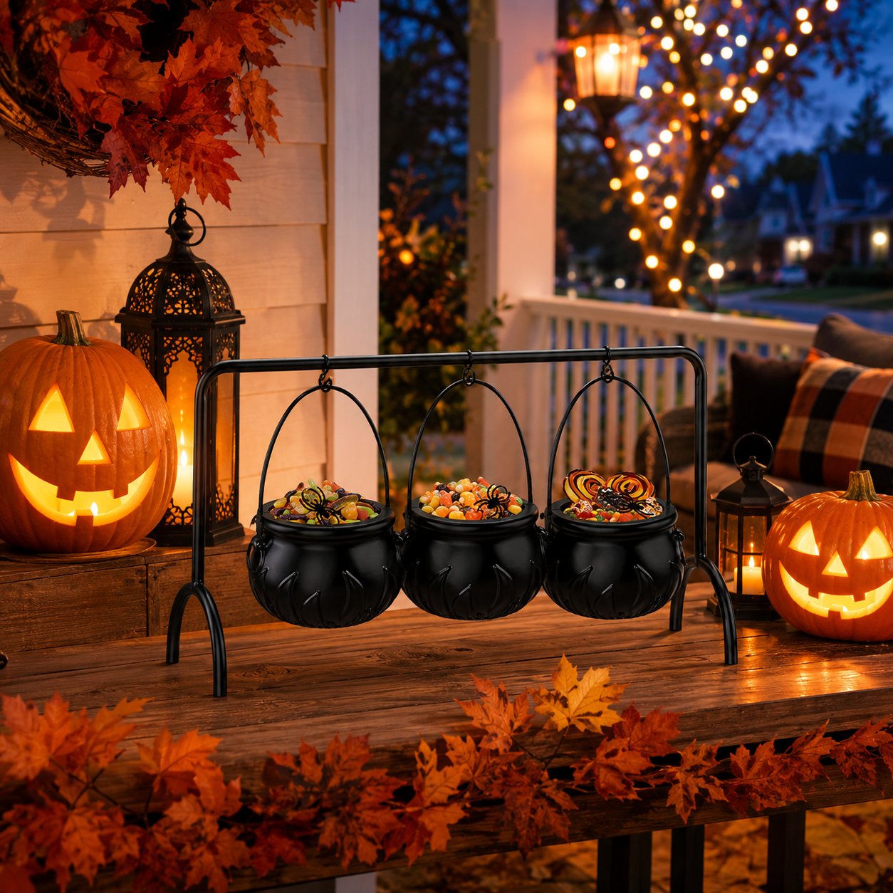 Halloween Caramel Apple Dip Station - Hanging Witch Cauldron & Ceramic Candlelit Fondue Warmer Set