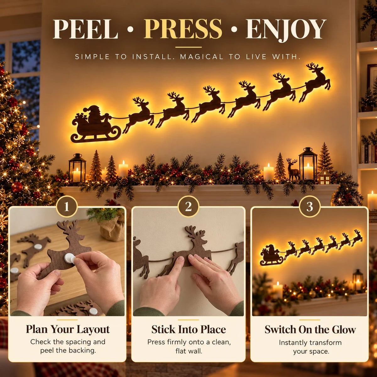 🦌 Santa Sleigh & 6 Reindeer LED Wall Display – Warm Christmas Glow