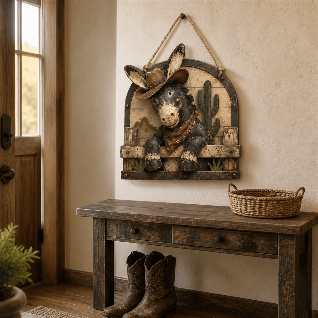 🫏 Rustic Cowboy Donkey Wall Hanging – Western Farmhouse Décor & Country Keepsake