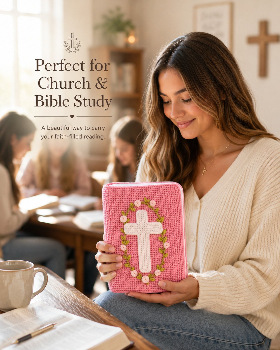✝️ Handmade Crochet Bible Cover with Floral Cross | Soft Protective Book Sleeve with Wrap Tie for Bibles, Prayer Books & Christian Gifts 🌸