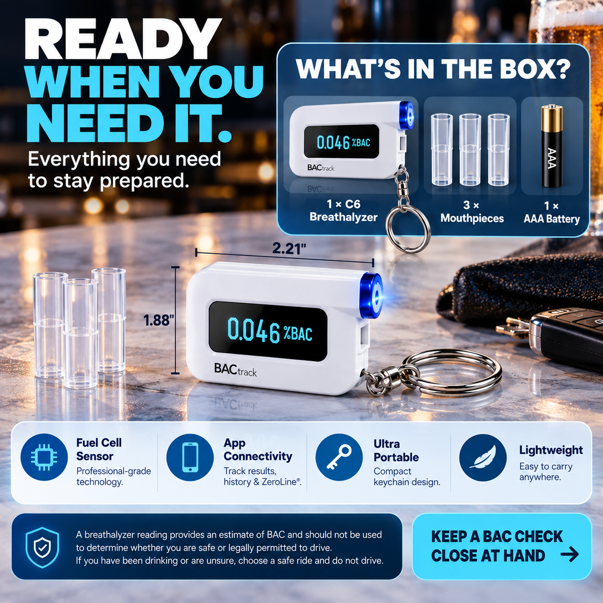 🍺 Pocket BAC Breathalyzer | Fuel Cell Sensor & App Tracking